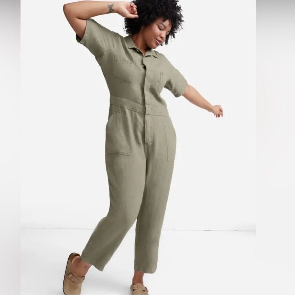 MATE the LABEL Oversized Linen Utility Jumpsuit Short Sleeve Olive Green